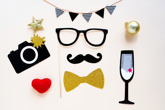 Cute party props accessories on colorful background, happy new year party celebration and holiday concept