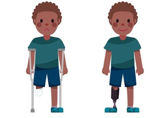 Fototapeta premium Disabled boy with prosthetic leg and crutches