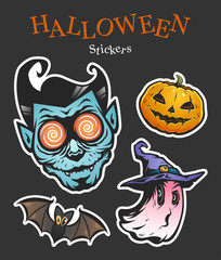 Halloween sticker set. Dracula, pumpkin, ghost and bat