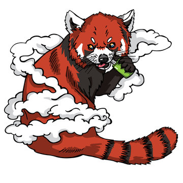 The stylized image of cute a red panda with the device for vaping in his hands. Red bear-cat in the smoke clouds
