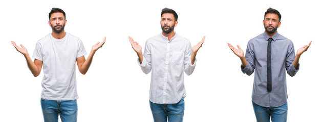 Collage of handsome young indian man over isolated background looking confident at the camera with...