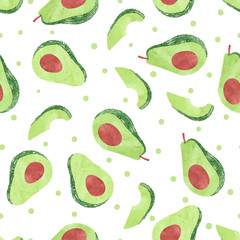 Seamless watercolor avocado pattern. Vector fruit background.