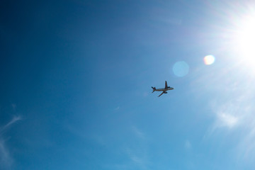 passenger airplane taking off into the sun