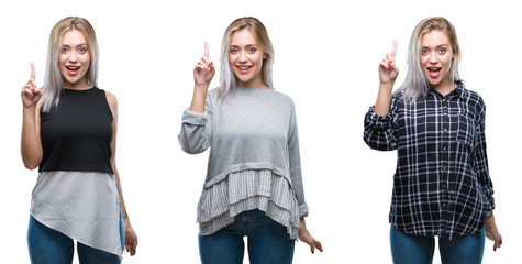 Obraz premium Collage of beautiful blonde young woman over isolated background pointing finger up with successful idea. Exited and happy. Number one.