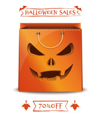 Orange paper shopping bag for Halloween. Discount 70 percent off. Big Halloween sales. Vector illustration
