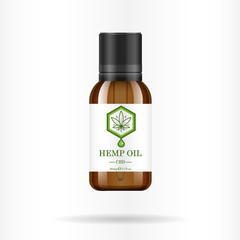 Realistic brown glass bottle with hemp oil. Mock up of cannabis oil extracts in jars. Medical Marijuana logo on the label. Vector illustration.