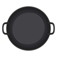 Empty frying pan, top view isolated on white background. Realistic steel pan. Vector illustration mockup.