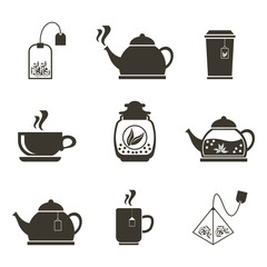 Set of 9 icons for tea drinking. Dishes and various teas.