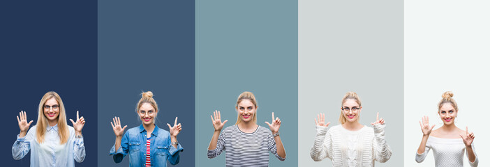 Collage of young beautiful blonde woman over vivid colorful vintage green isolated background showing and pointing up with fingers number seven while smiling confident and happy.