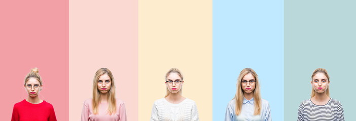 Collage of young beautiful blonde woman over vivid colorful vintage isolated background puffing cheeks with funny face. Mouth inflated with air, crazy expression.