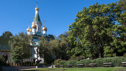 Amazing view of Golden Domes Russian church in Sofia, Bulgaria
