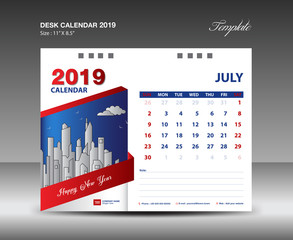 Desk Calendar 2019 Year Template vector design, JULY Month