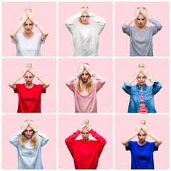 Collage of young beautiful blonde woman over pink isolated background suffering from headache desperate and stressed because pain and migraine. Hands on head.