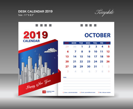 Desk Calendar 2019 Year Template vector design, OCTOBER Month