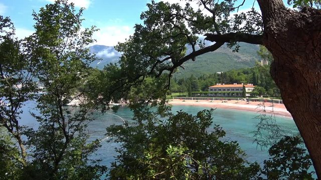 Empty luxury beach in Montenegro near Sveti Stefan island