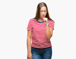 Young caucasian beautiful woman over isolated background feeling unwell and coughing as symptom for cold or bronchitis. Healthcare concept.