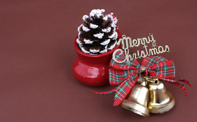 Brown background, gift box and Christmas decorations.