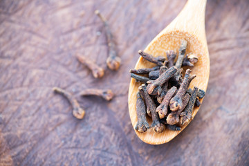 Dried cloves on wooden spoon, herb and spice, food ingredient