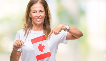 Middle age hispanic woman holding flag of Canada over isolated background with surprise face pointing finger to himself