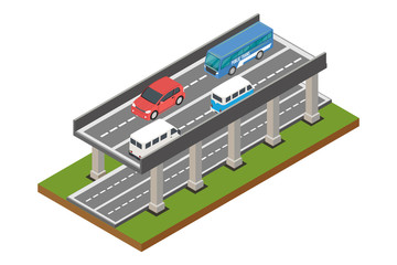 isometric bridges and vehicles, vector illustrations