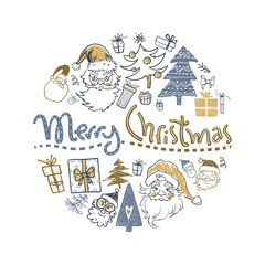 Winter holiday round illustration with doodle hand drawn Santa, 