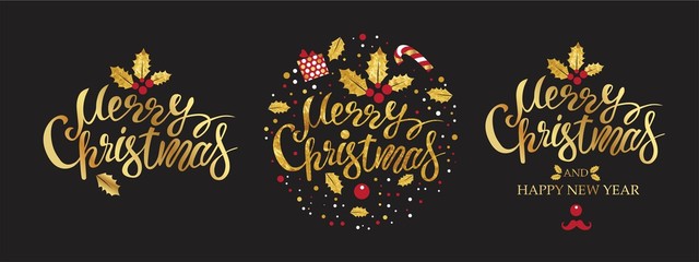 Merry Christmas and Happy New year gold emblem, sign set on black background. Typography vector design for festive card, poster, banner. Vector illustration. Merry Christmas hand lettering text