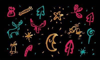 Christmas and New Year calligraphic Set symbols. Moon, Christmas tree, candy, elk, star, fir branch, bells. For party invitation, poster, postcard, social networking, card. Vector illustration