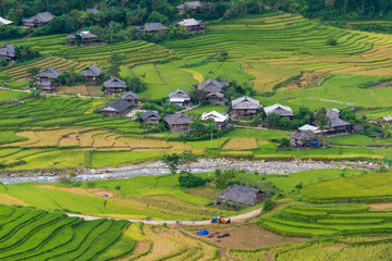 Mu Cang Chai terraces rice fields in harvest season