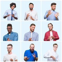 Fototapeta premium Collage of group of business and casual men over isolated background disgusted expression, displeased and fearful doing disgust face because aversion reaction. With hands raised. Annoying concept.