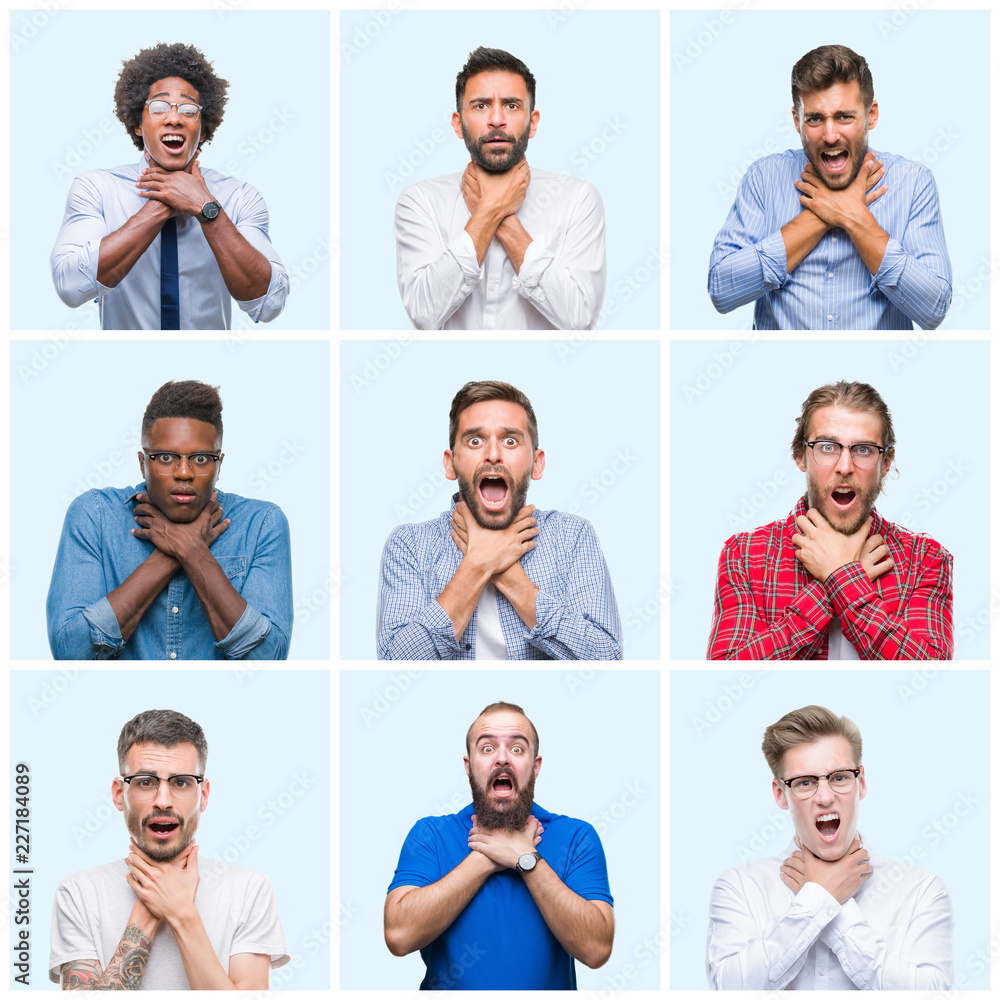 Poster Collage of group of business and casual men over isolated background shouting and suffocate because painful strangle. Health problem. Asphyxiate and suicide concept.