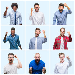 Fototapeta premium Collage of group of business and casual men over isolated background angry and mad raising fist frustrated and furious while shouting with anger. Rage and aggressive concept.