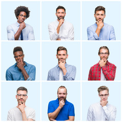 Fototapeta premium Collage of group of business and casual men over isolated background looking confident at the camera with smile with crossed arms and hand raised on chin. Thinking positive.