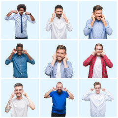 Collage of group of business and casual men over isolated background covering ears with fingers with annoyed expression for the noise of loud music. Deaf concept.