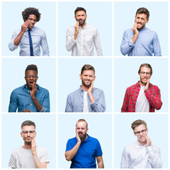 Fototapeta premium Collage of group of business and casual men over isolated background touching mouth with hand with painful expression because of toothache or dental illness on teeth. Dentist concept.