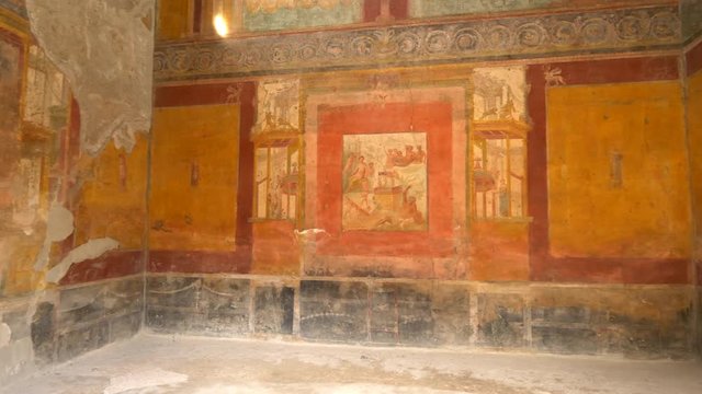 Decorative interior of ruins at the ancient city of Pompeii, Italy