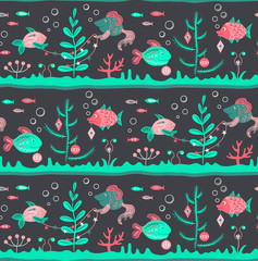 Winter holidays seamless pattern - cute fishes decorating algae like a Christmas tree. Flat style illustration. Vector for Happy new year, merry Christmas, greeting cards, baby clothes, printed design