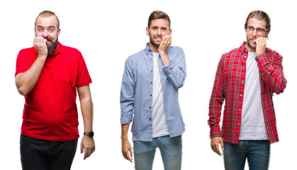 Obraz premium Collage of group of young men over isolated background looking stressed and nervous with hands on mouth biting nails. Anxiety problem.