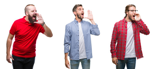 Collage of group of young men over isolated background shouting and screaming loud to side with hand on mouth. Communication concept.