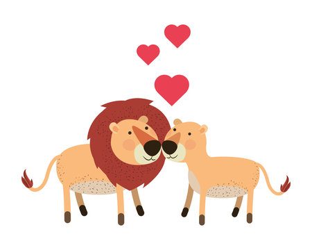 cute lions couple with hearts