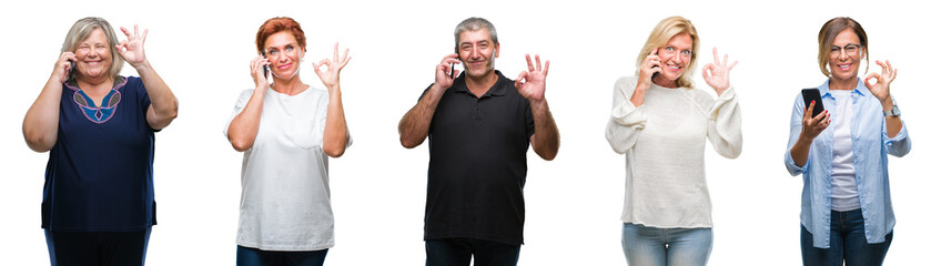 Collage of group of middle age and senior people using smartphone over isolated background doing ok sign with fingers, excellent symbol