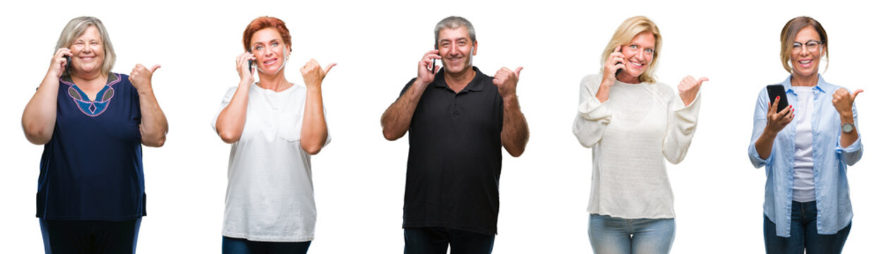 Collage of group of middle age and senior people using smartphone over isolated background pointing and showing with thumb up to the side with happy face smiling
