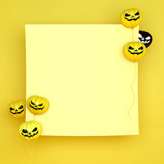 Smiling yellow and black balloons pumpkin with frame, copy space text. Design creative concept for happy Halloween festival, 3D rendering illustration.