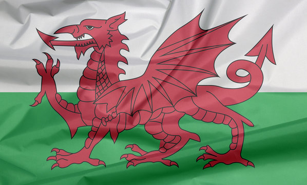 Fabric flag of Wales. Crease of Wales flag background, consists of a red dragon passant on a green and white field.