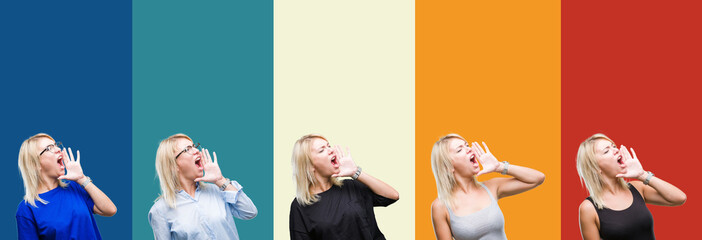 Collage of beautiful blonde woman over colorful vintage isolated background shouting and screaming loud to side with hand on mouth. Communication concept.