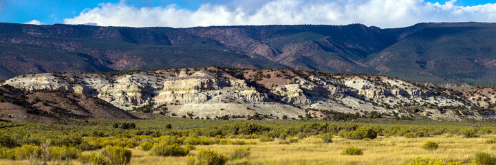 Panorama of gorgeous cliffs, fields of autumn grasses, and a large cottonwood tree in evening light at Browns Park National Wildlife Refuge in northwestern Colorado
