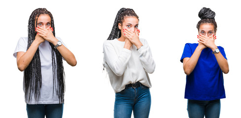 Collage of beautiful braided hair african american woman over isolated background shocked covering mouth with hands for mistake. Secret concept.