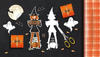 Halloween design. Preparing for the celebration of Halloween. Table with gifts for Halloween top view. Vector illustration