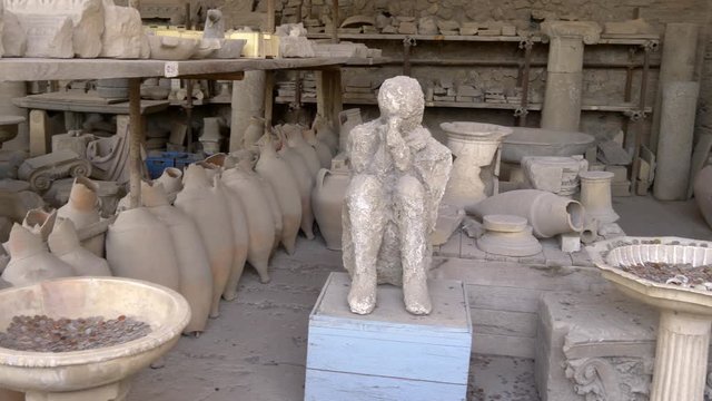 Plaster body cast of victim killed in Mount Vesuvius eruption in Pompeii, Italy, 79AD