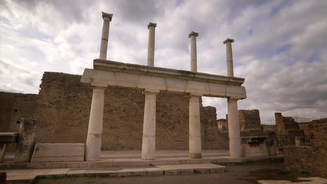 Ancient columns and ruins of Pompeii, Italy. The city was destroyed by the eruption of Mount Vesuvius in 79AD.