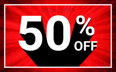 50% OFF Sale. White color 3D text and black shadow on red burst background design. Discount special offer promo advertising concept vector illustration.